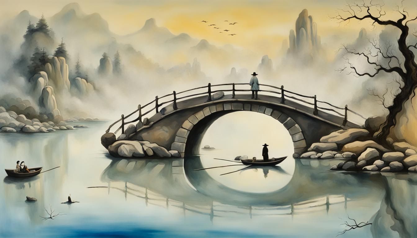 Misty Stone Bridge with Fisherman in Chinese Brush Painting