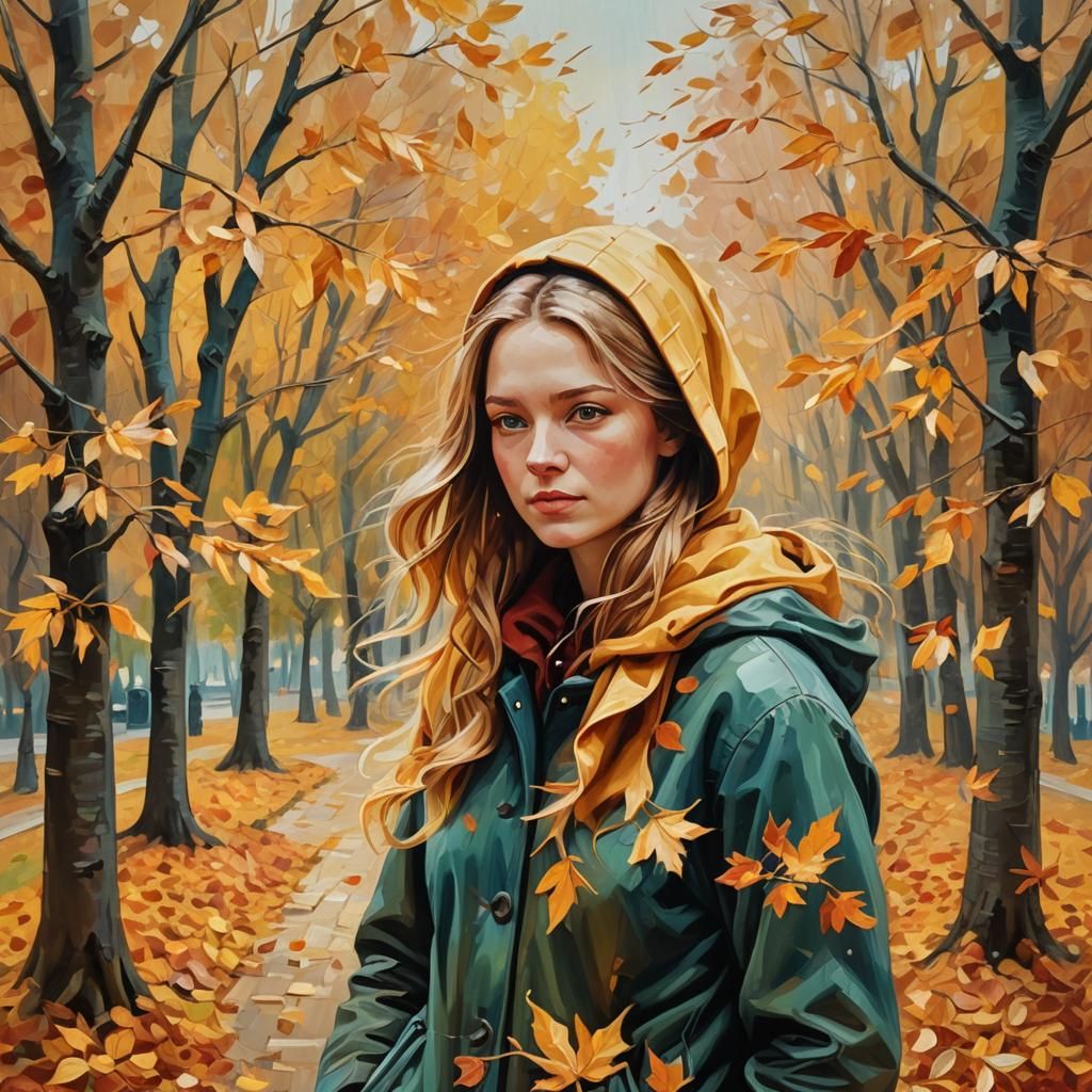 Autumn Girl in Wind: Impressionist Oil Painting