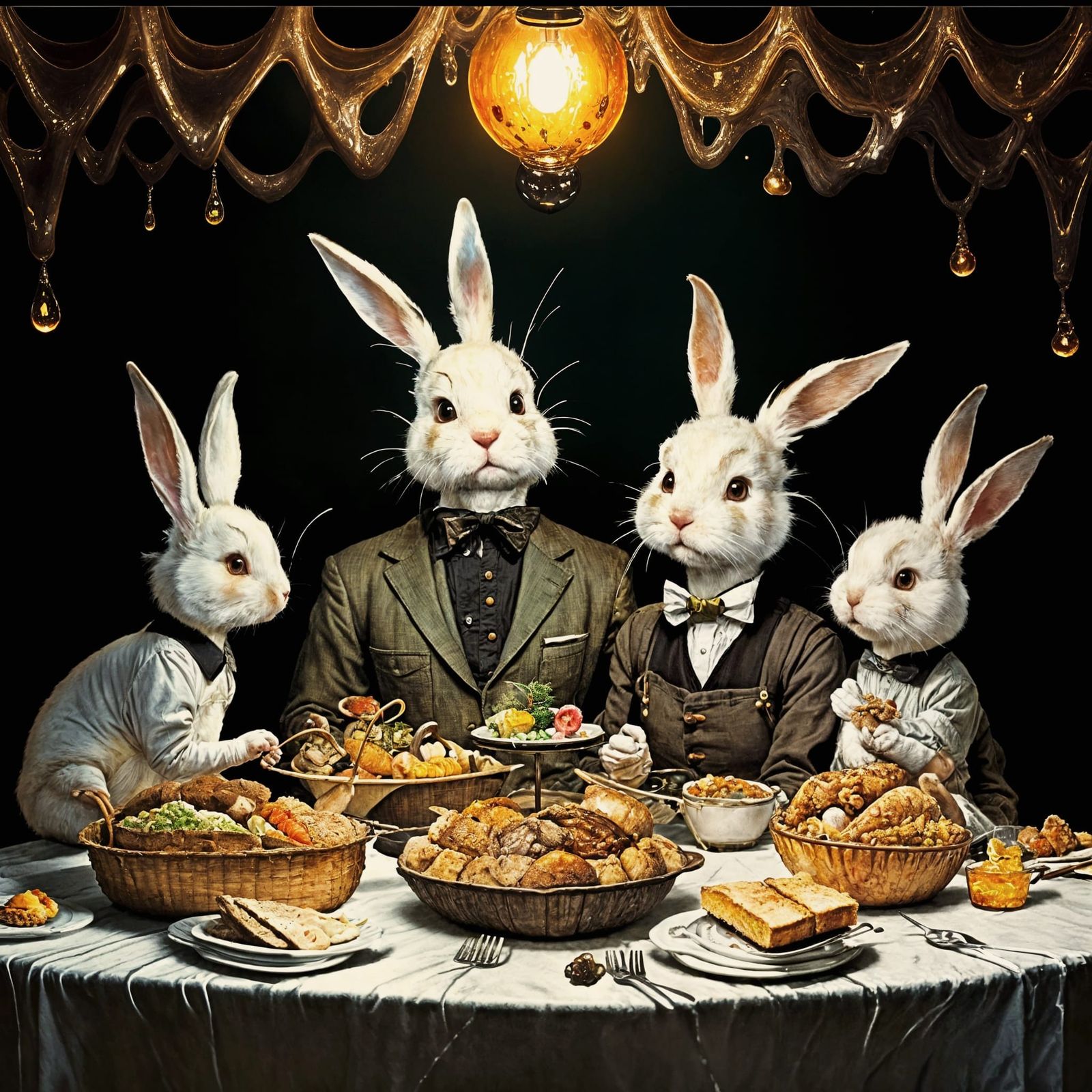 Anthropomorphic Bunny Family Picnic in Surreal Amber Droplet