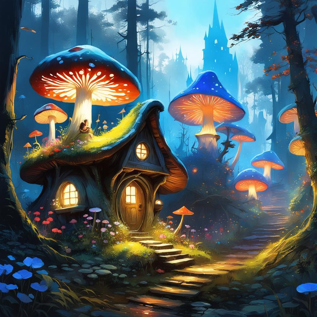 Enchanted Mushroom Village at Blue Hour