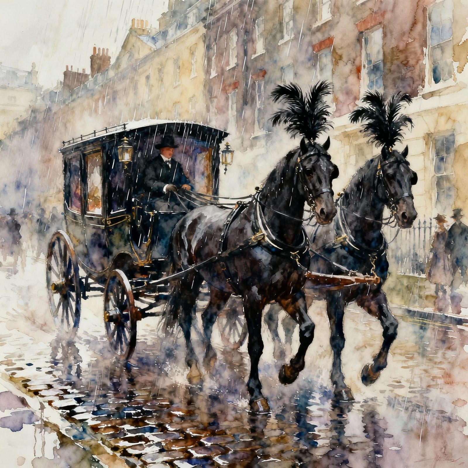 Victorian Hearse in Rainy London, Impressionist Watercolor S...