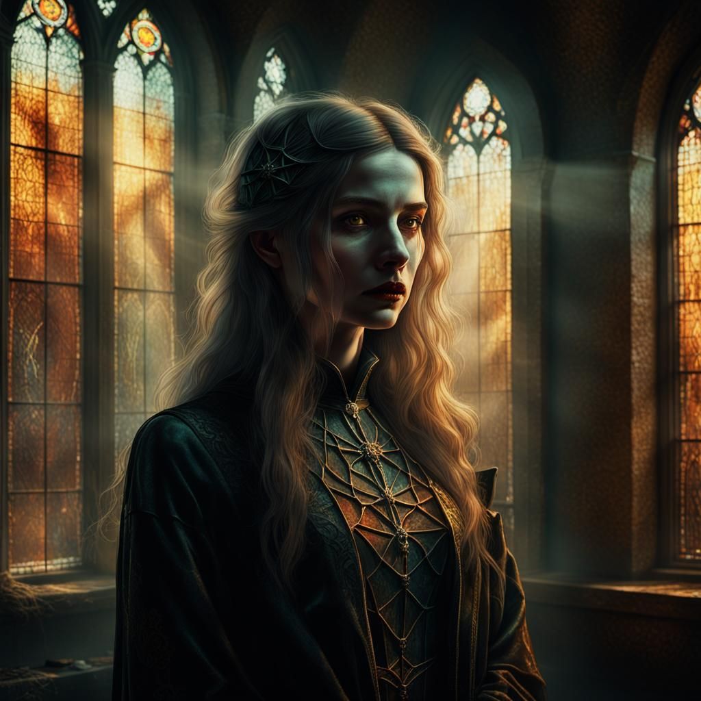 Ghostly Woman in Abandoned Chapel: Dark Fantasy Art