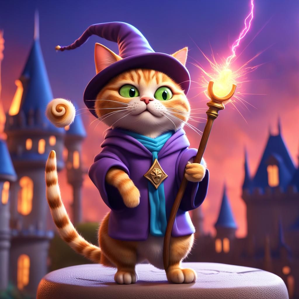 Tabby Cat Wizard with Magical Staff, 3D Art