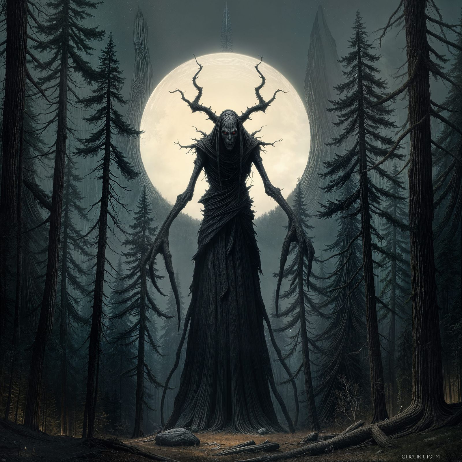 Horror Creature in Dark Pine Forest