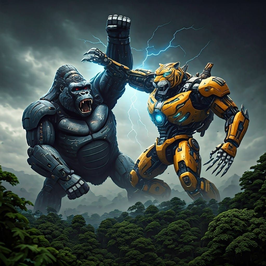 Robotic Gorilla Versus Tiger in Sci-Fi Battle