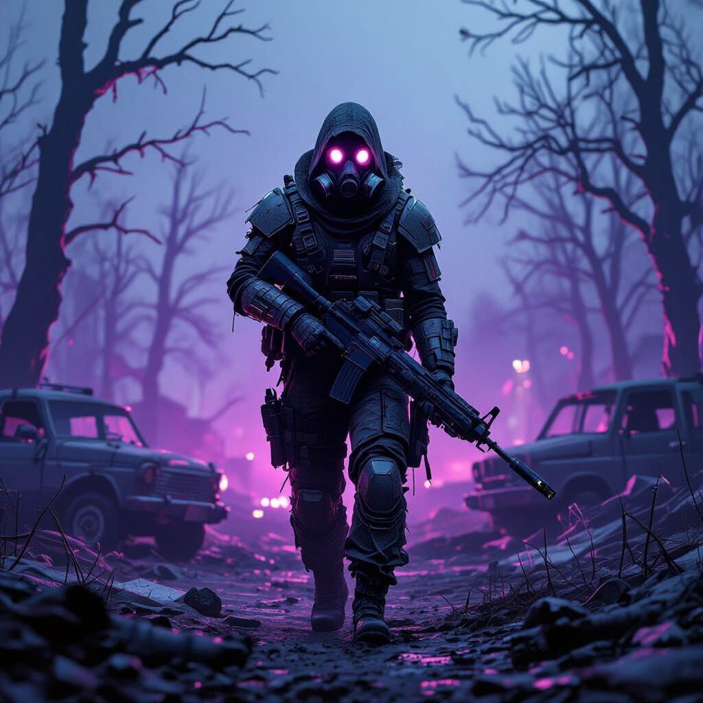 Battle-Scarred Stalker in Dystopian Future Landscape