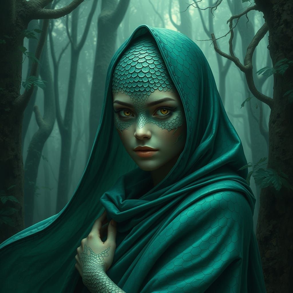 Reptilian Woman in Emerald Cloak in Mystical Forest