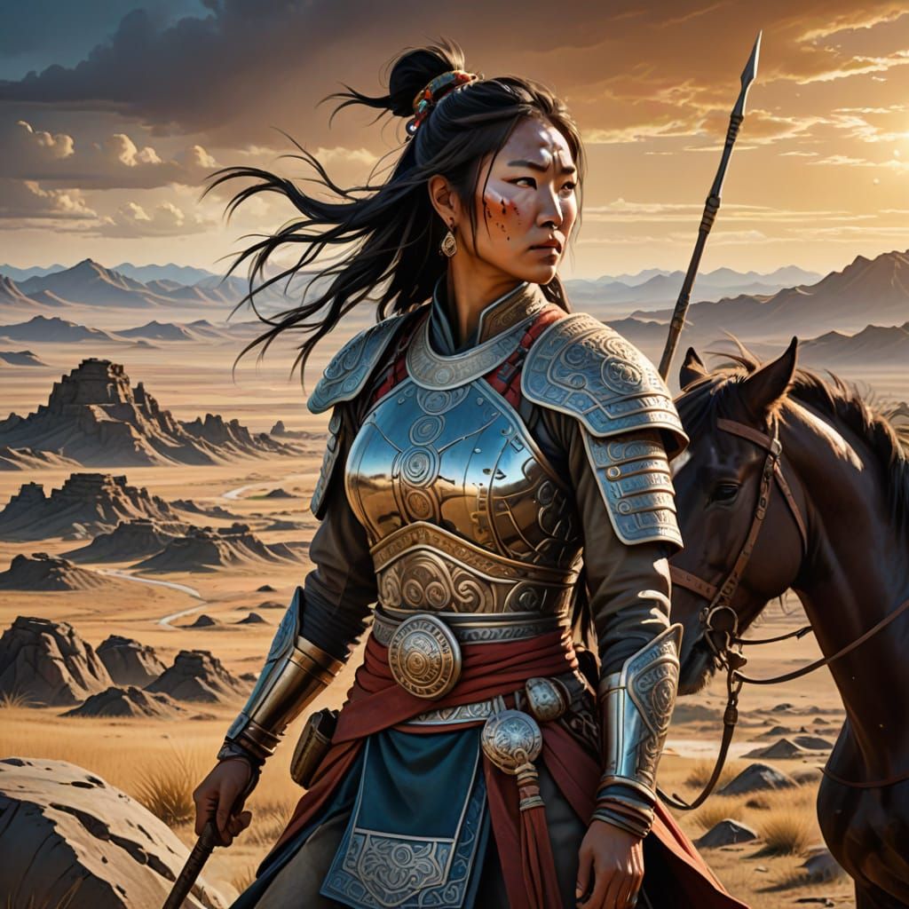 Fierce Mongolian Warrior Woman in Steppe Nomad Regalia