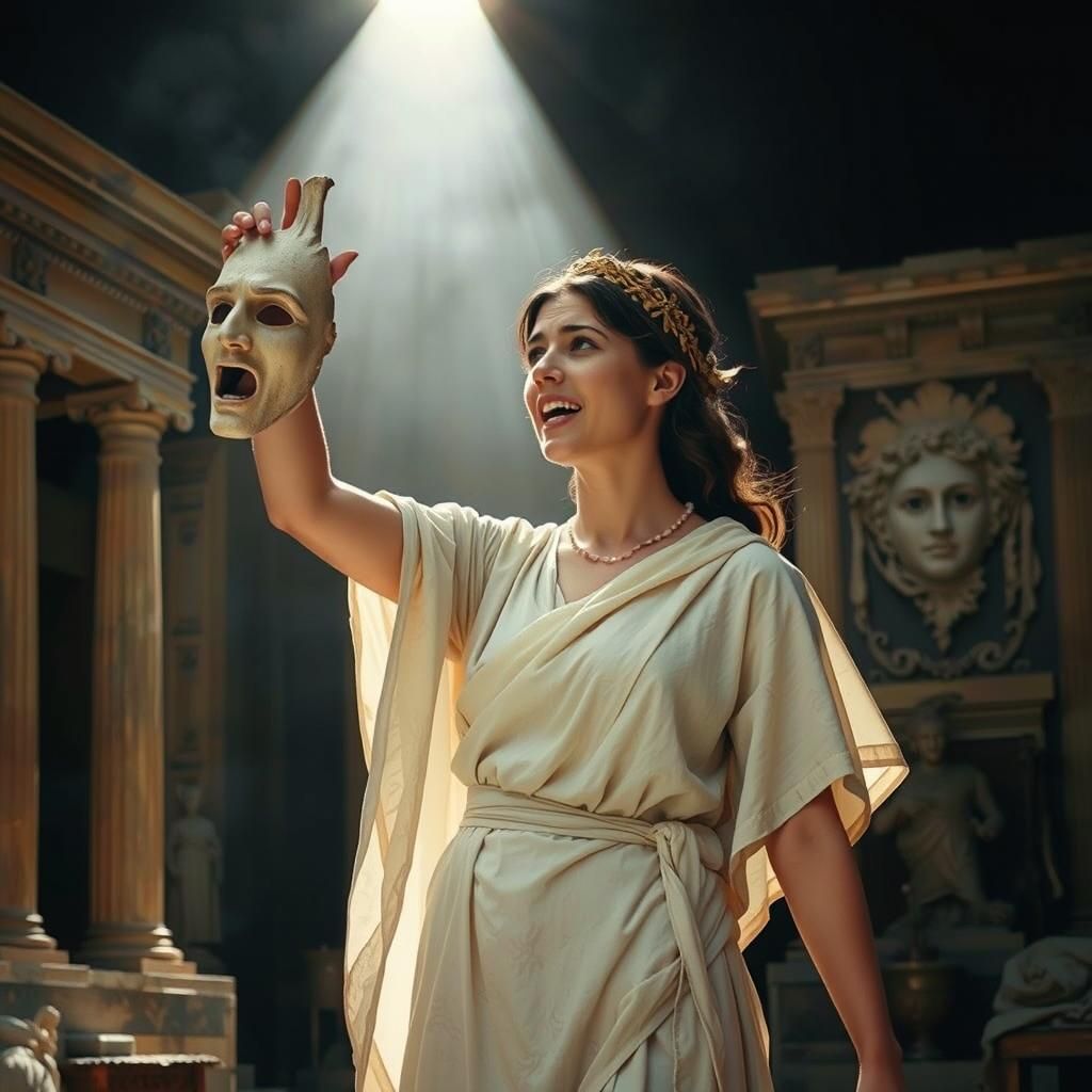 Greek Actress Holding Expressive Theatrical Mask