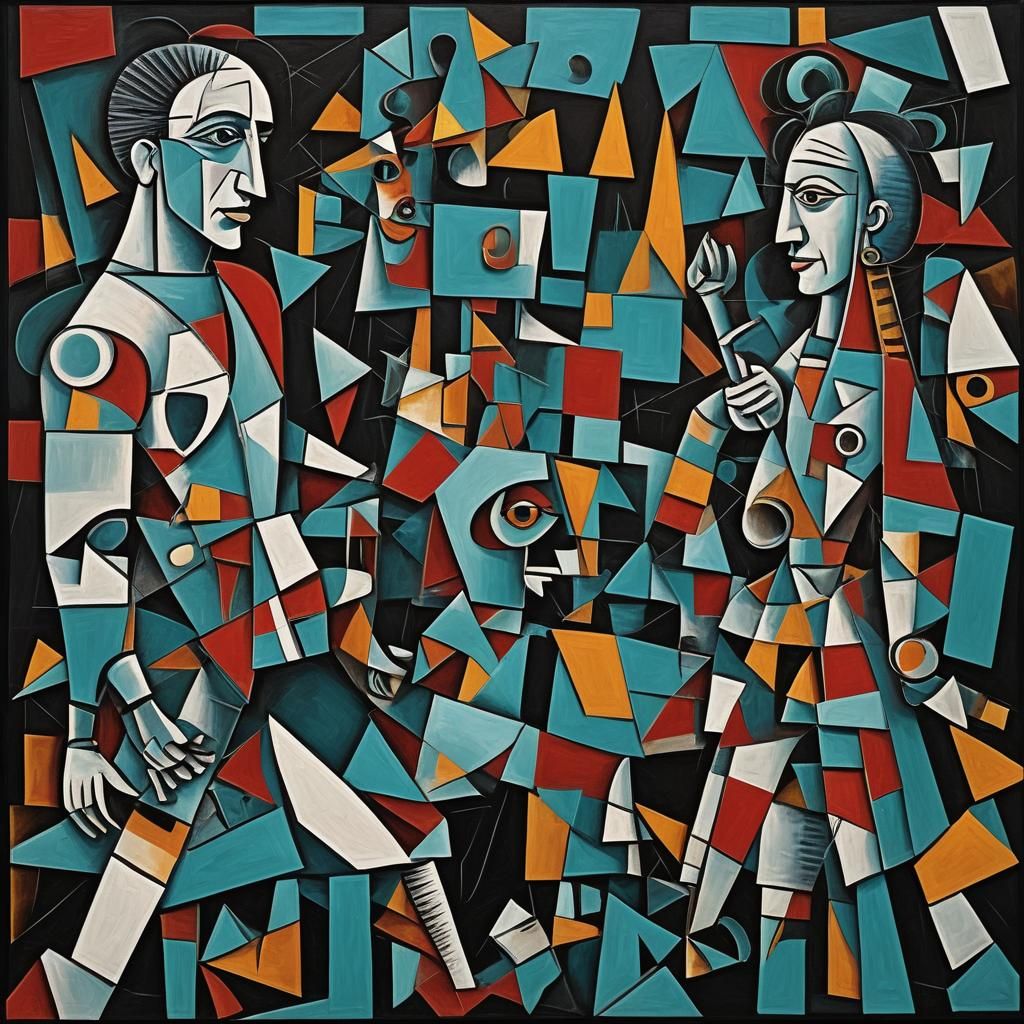 Dynamic Cubist Figures in Vibrant Geometric Planes