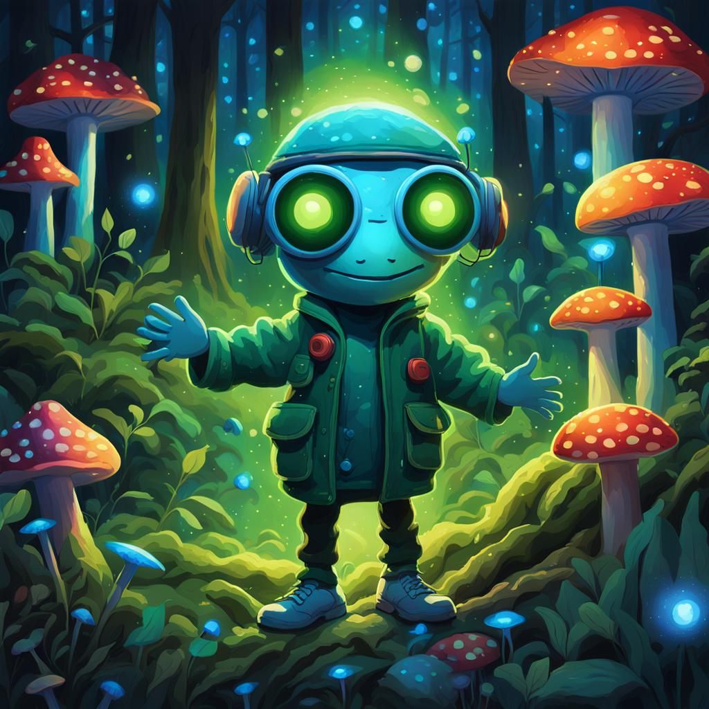Spring-Loaded Puppet DJ in Moonlit Forest