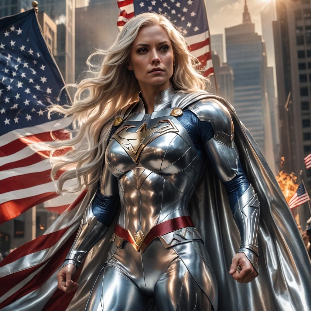 Platinum Blonde Supergirl Holds US Flag: Digital Art