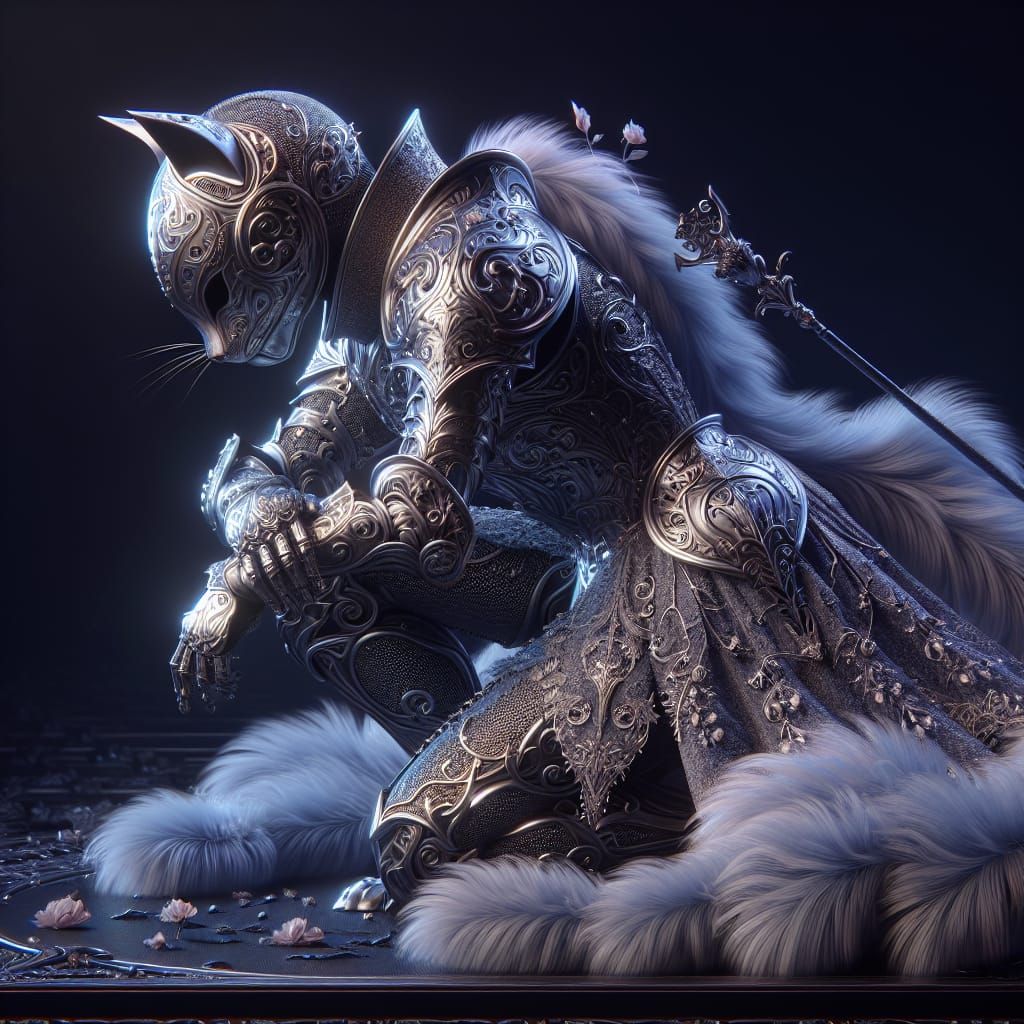 Kneeling cat knight portrait