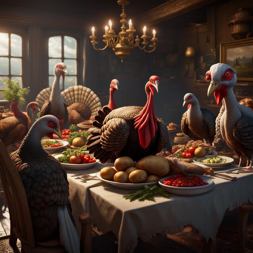 Turkeys' Revenge: A Humorous Feast in Matte Painting Style