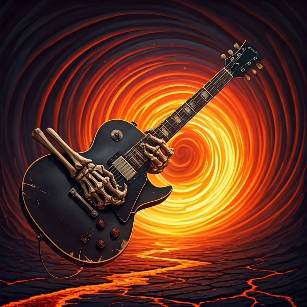 Skeleton Shreds Guitar in Erupting Volcano