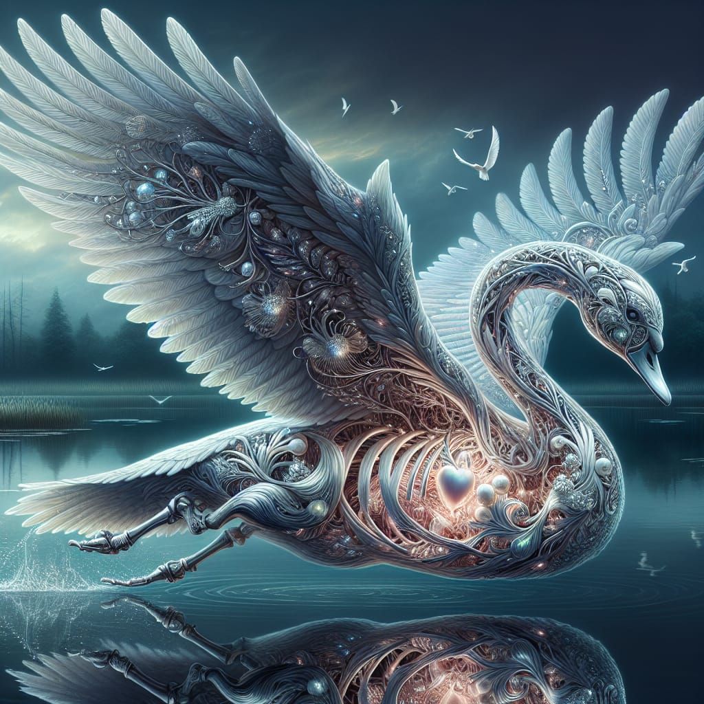 Swan in Flight with Silver Filigree Wings