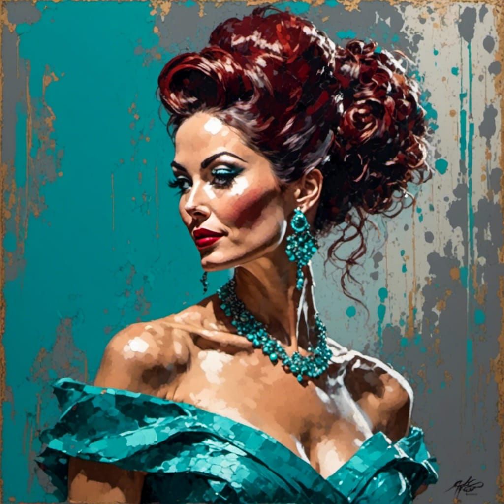 Elegant Redhead in Turquoise Gown, Impressionistic Oil Portr...