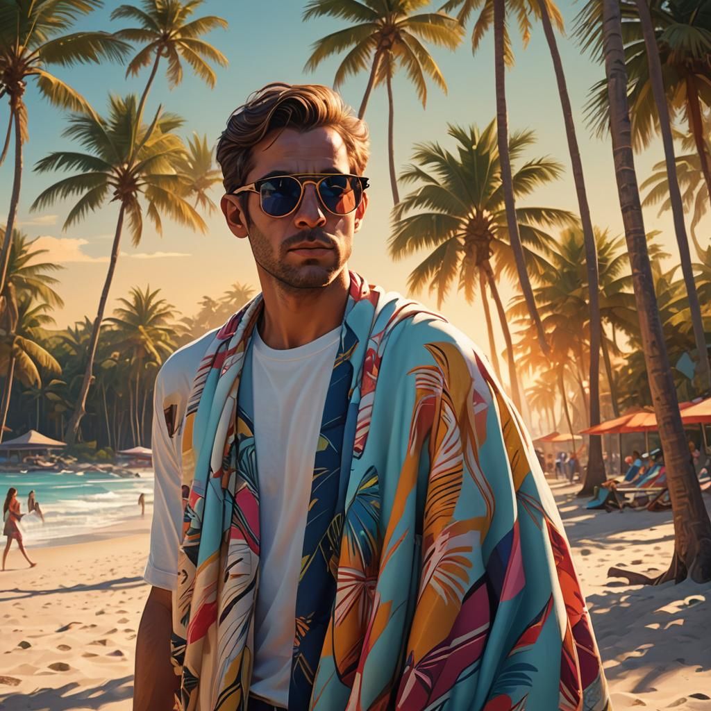 Person on Beach with Sunglasses in Retro-Futuristic Style