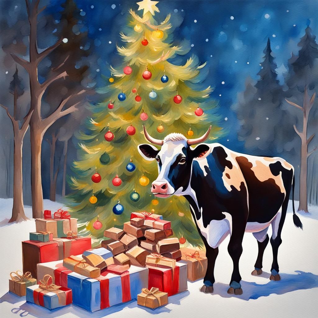 Cow Celebrates Christmas with Chocolate: Gouache Watercolor