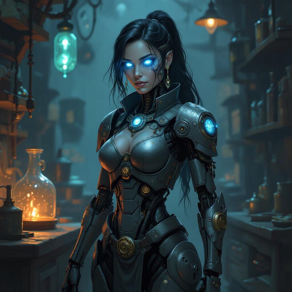Female Warforged Artificer with Clockwork Augmentations