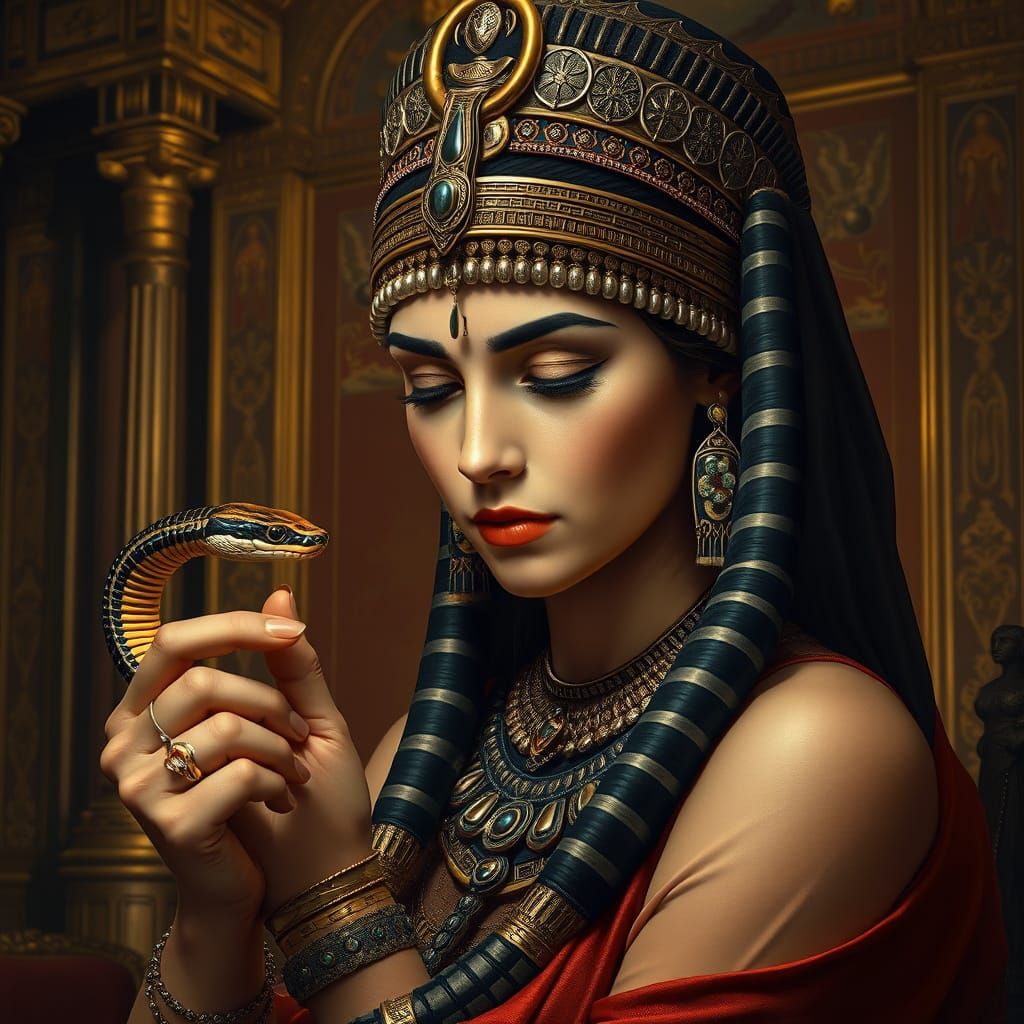 Cleopatra's Intense Gaze with Coiled Asp in Dramatic Egyptia...
