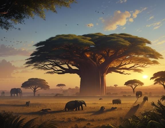 African Savanna Panorama with Baobab Tree