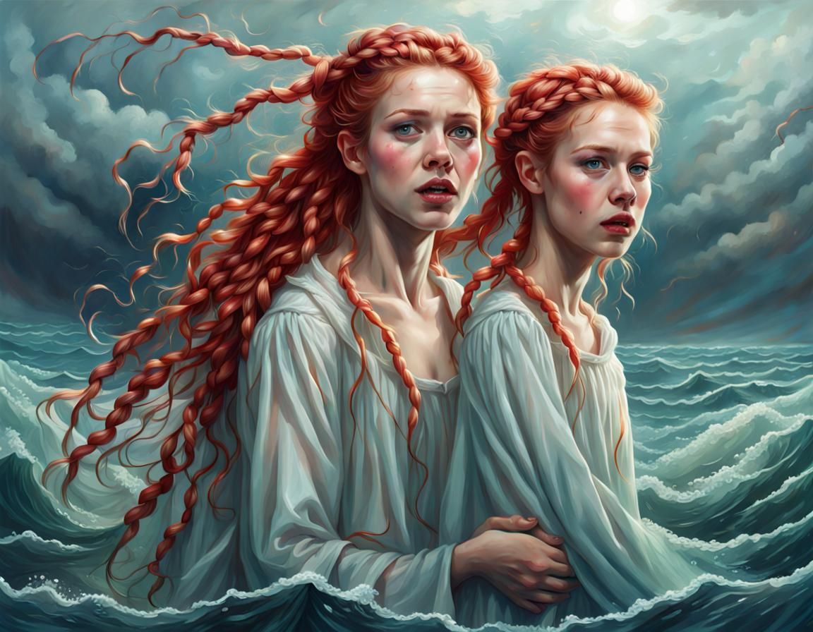 Figures Falling into Ocean in Hyperrealistic Style