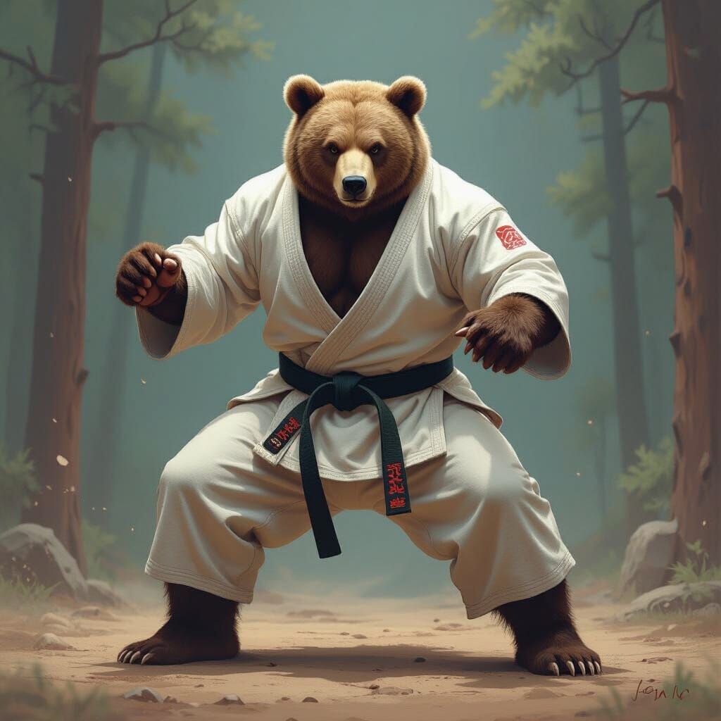 Bipedal Bear in Dynamic Aikido Pose
