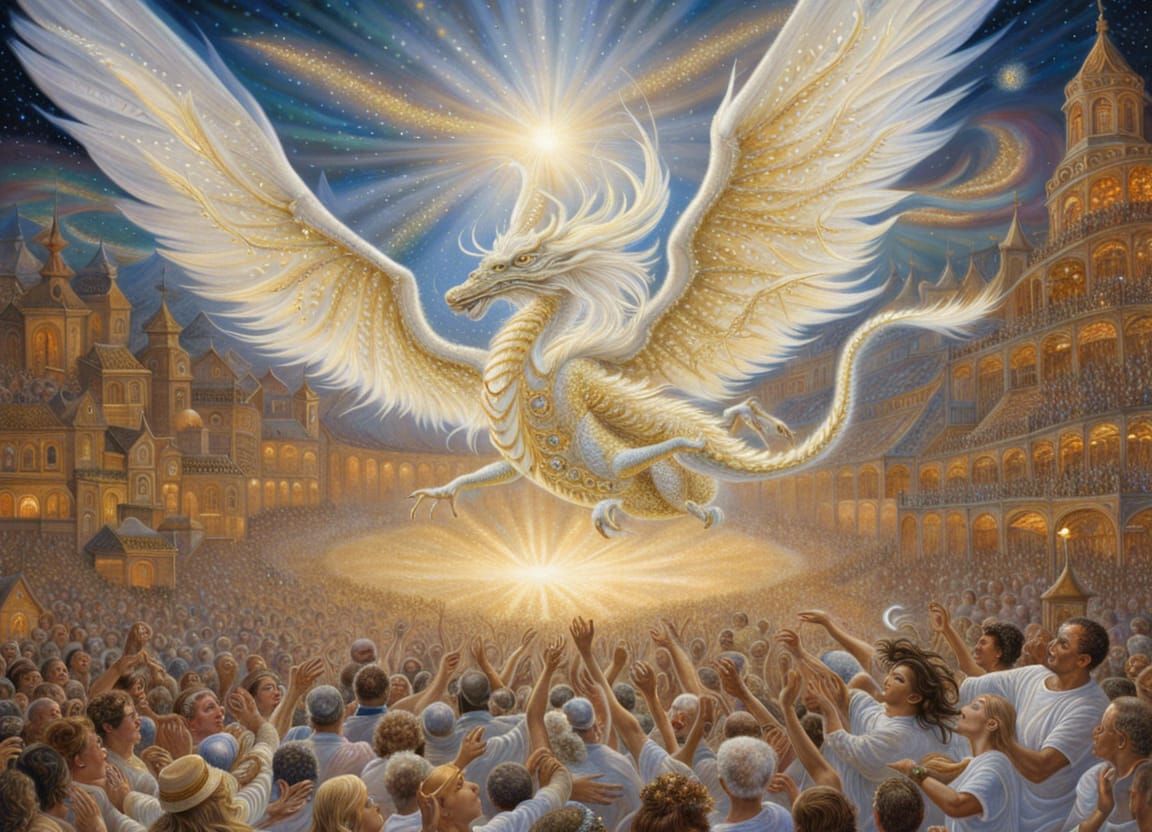 Angelic Dragon Spreads Sparkles Over Cheering Crowd