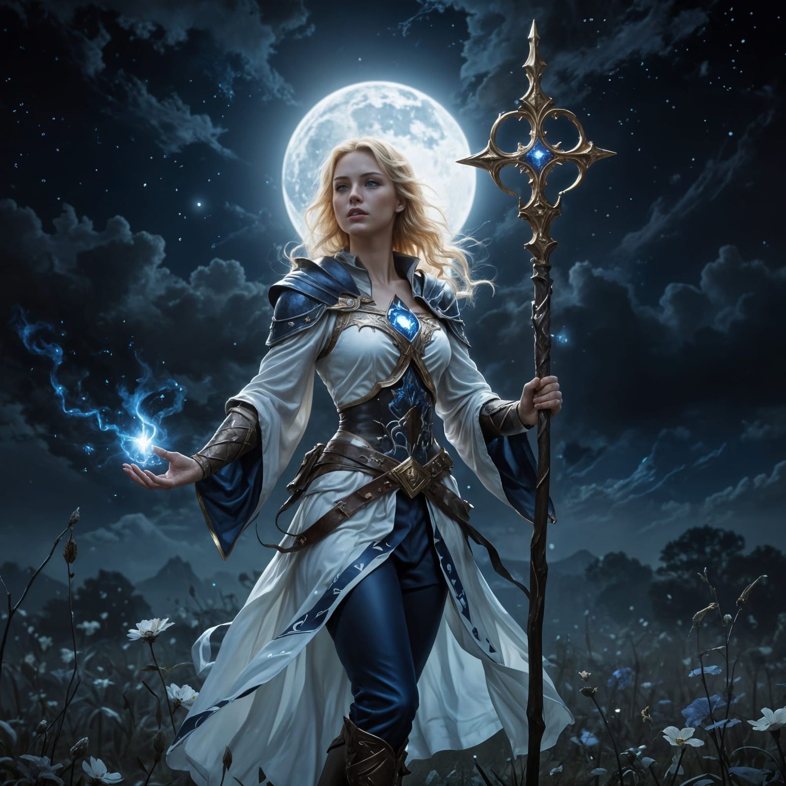 Moonlit Priestess Healer with Magic Scepter