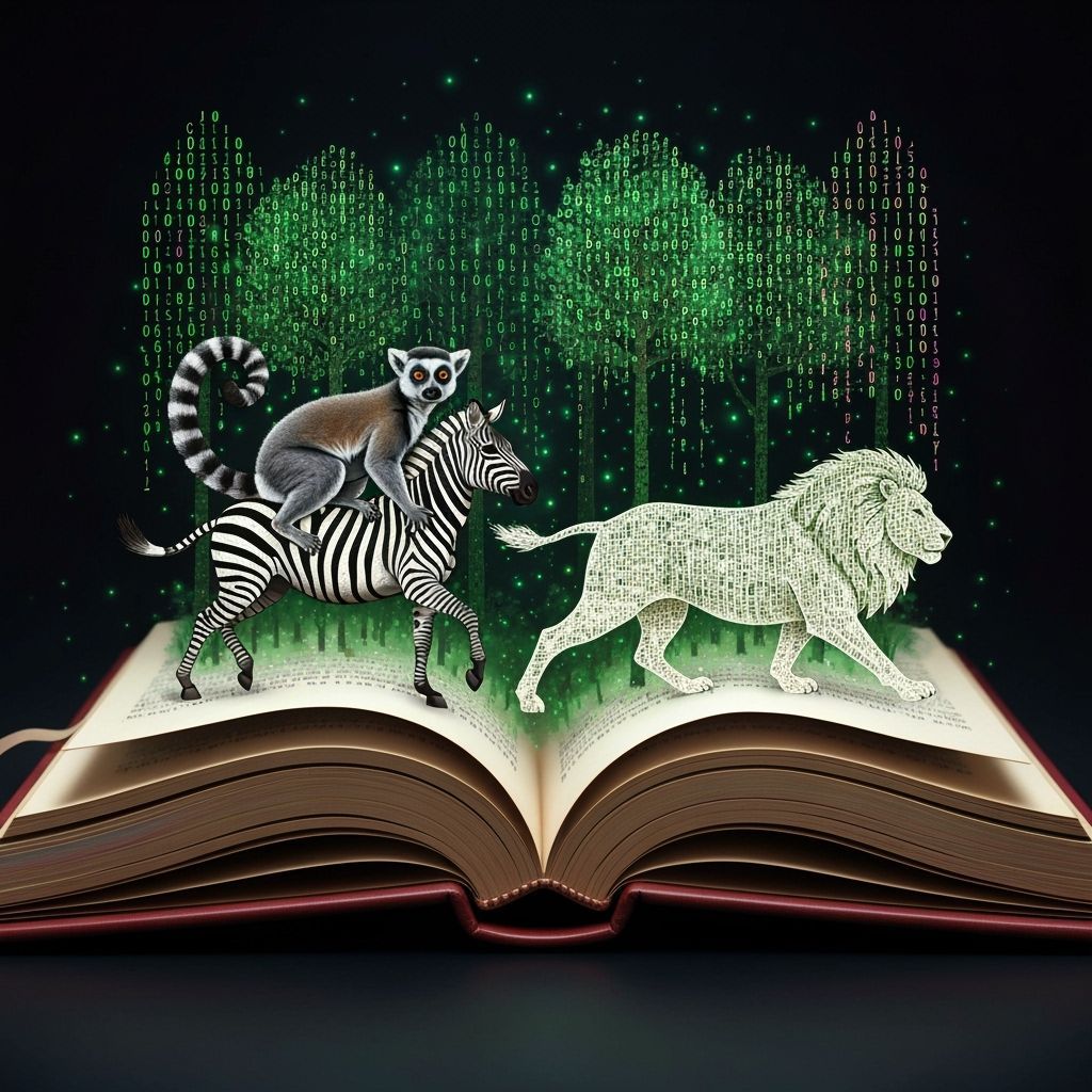 Iridescent Code Art: Lemur, Zebra, Lion & Book