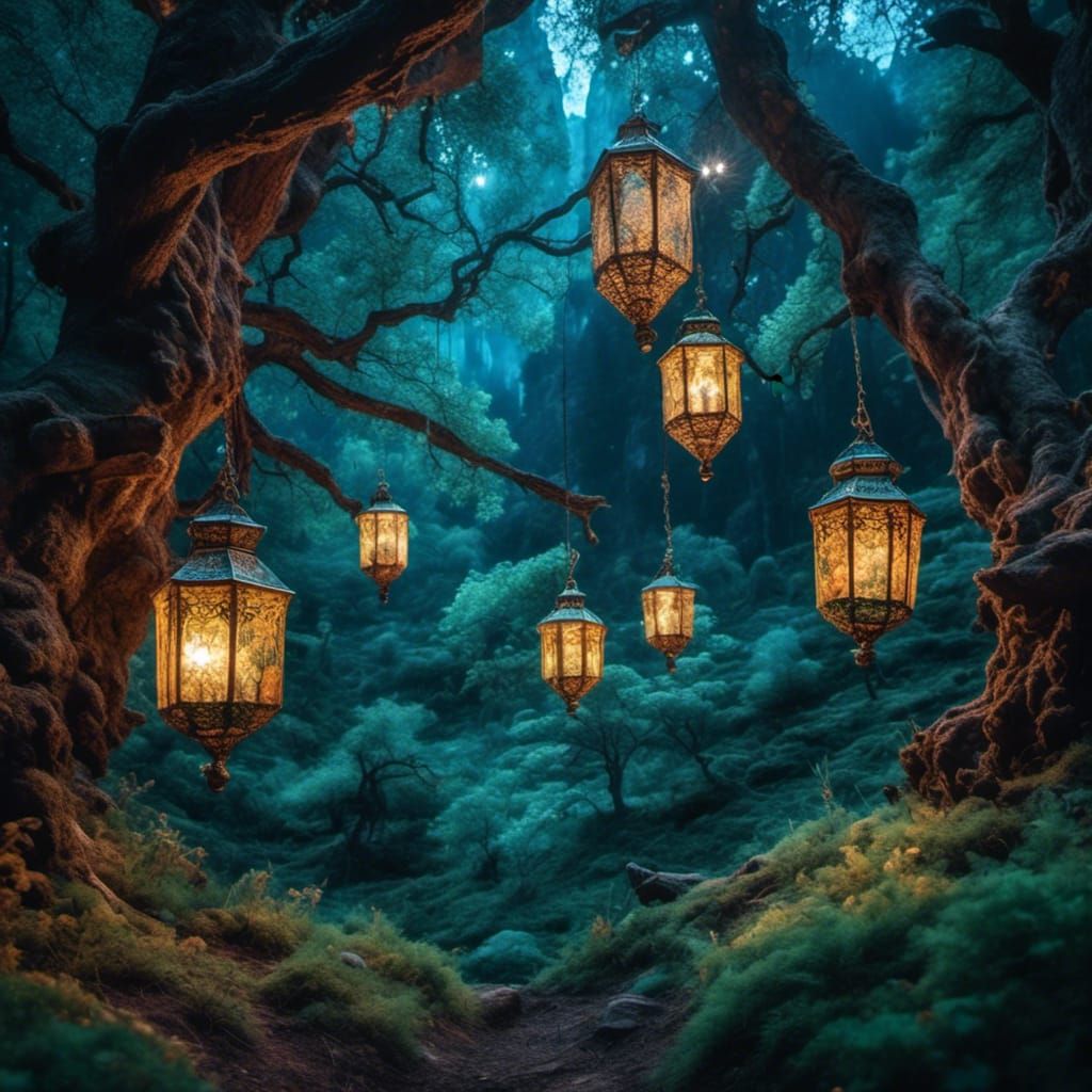 Moonlit Forest with Lanterns in Romantic Style