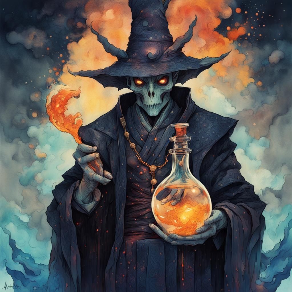 Draconic Lich Alchemist with Potion, Anime Style