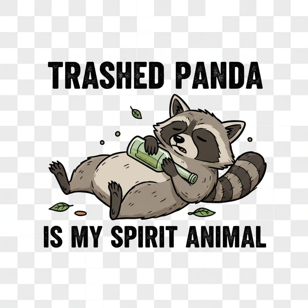 Humorous Cartoon Raccoon Holding Bottle, 'Trashed Panda'