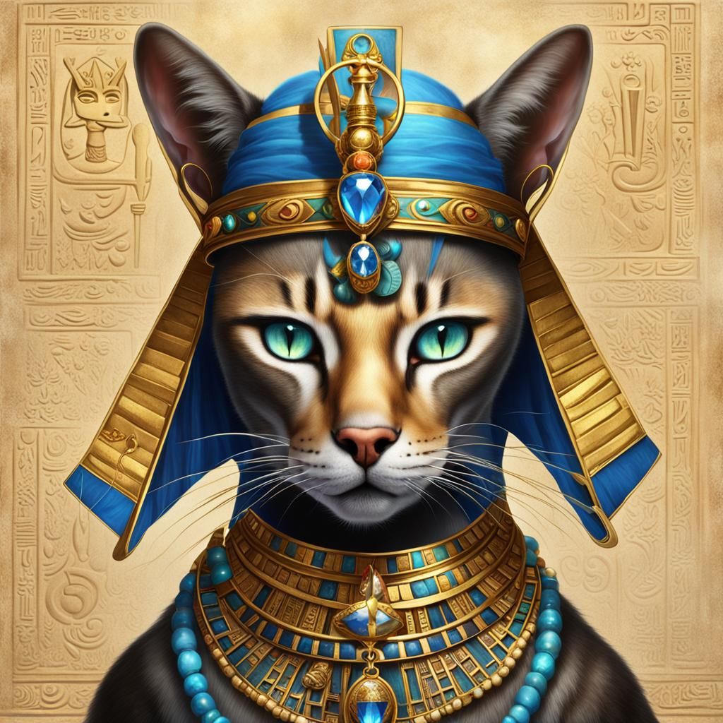 Egyptian Goddess Bastet Portrait with Golden Crown