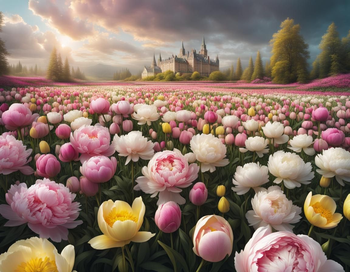 Field of pink and white and yellow peonies and tulips