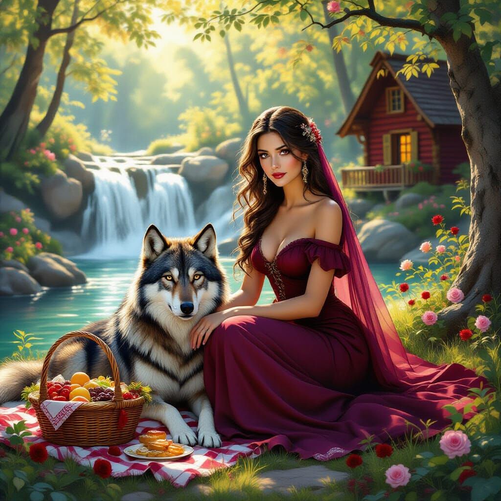 Woman and Wolf in Sun-Dappled Forest Clearing