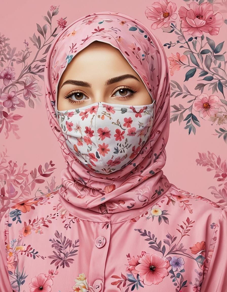 Hijabi Woman in City, Watercolor Pop Art Style