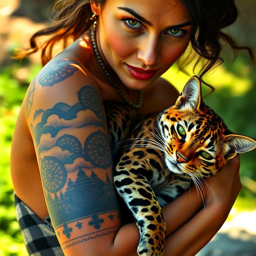 Regal Woman and Bengal Cat Unite in Intricate Tattoo Art
