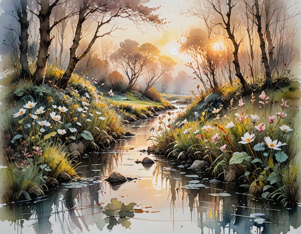 Spring Garden at Sunrise in Watercolor Style