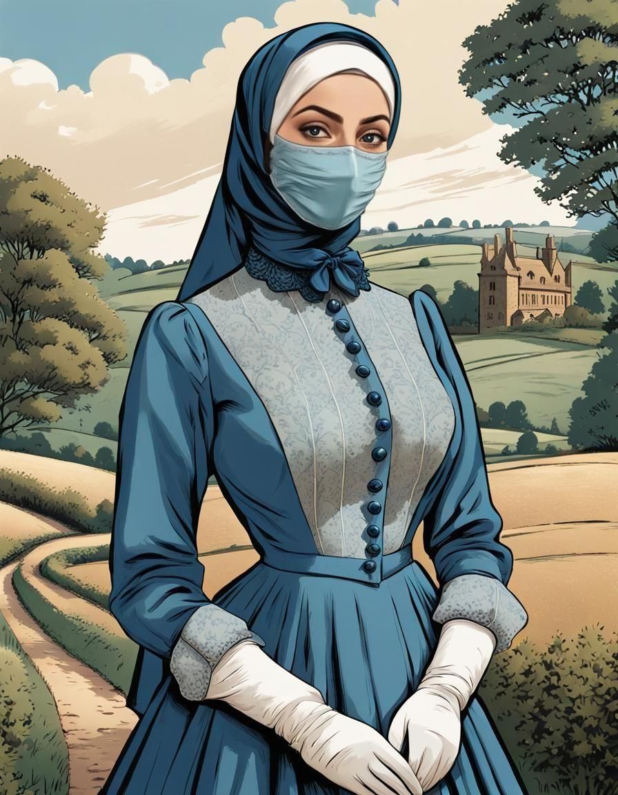 Victorian Hijabi in Countryside, Comic Book Style