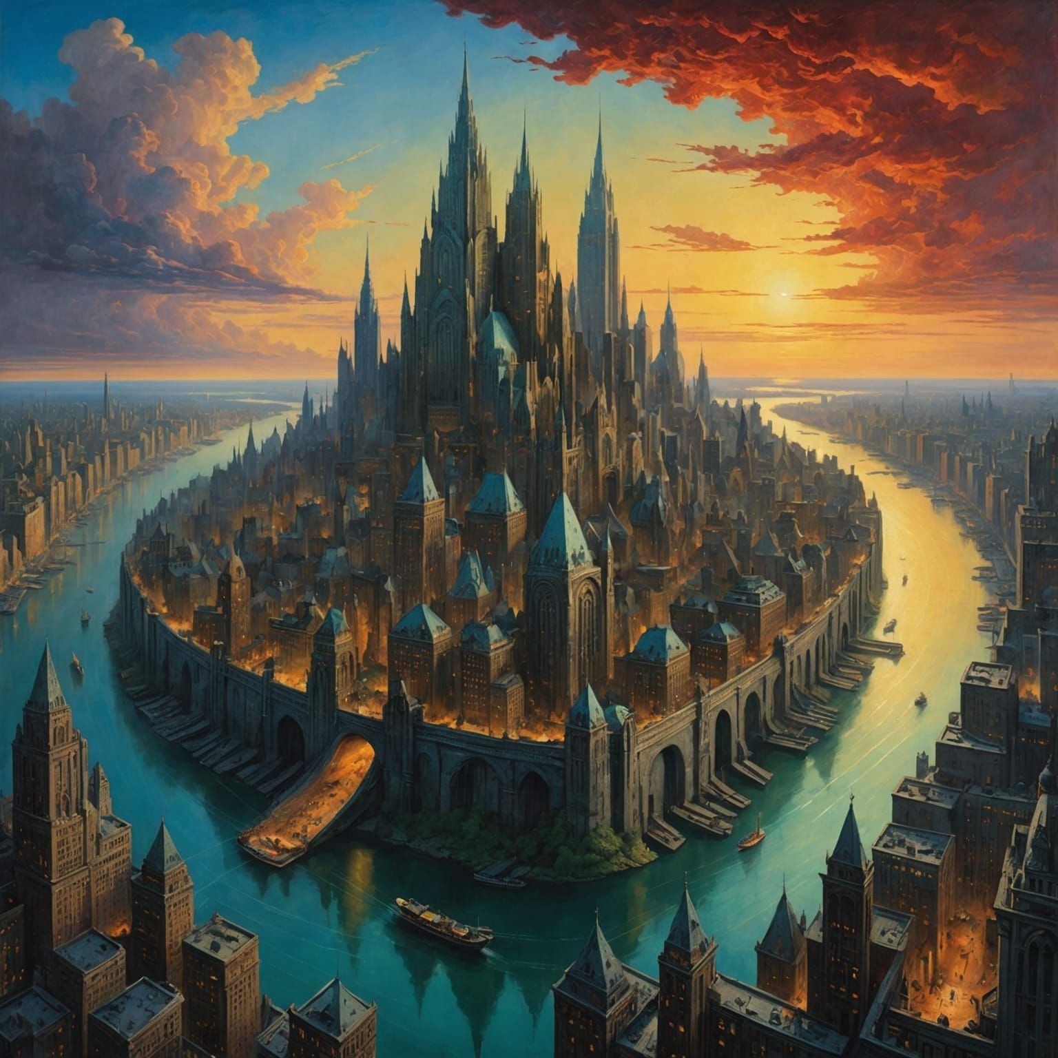 Fantasy Art Deco Cityscape with Magic Creatures