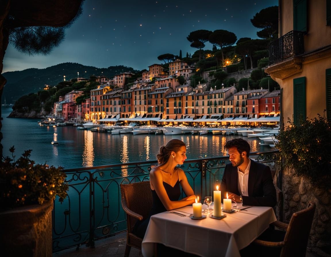 Romantic Couple Overlooking Portofino Harbour at Night