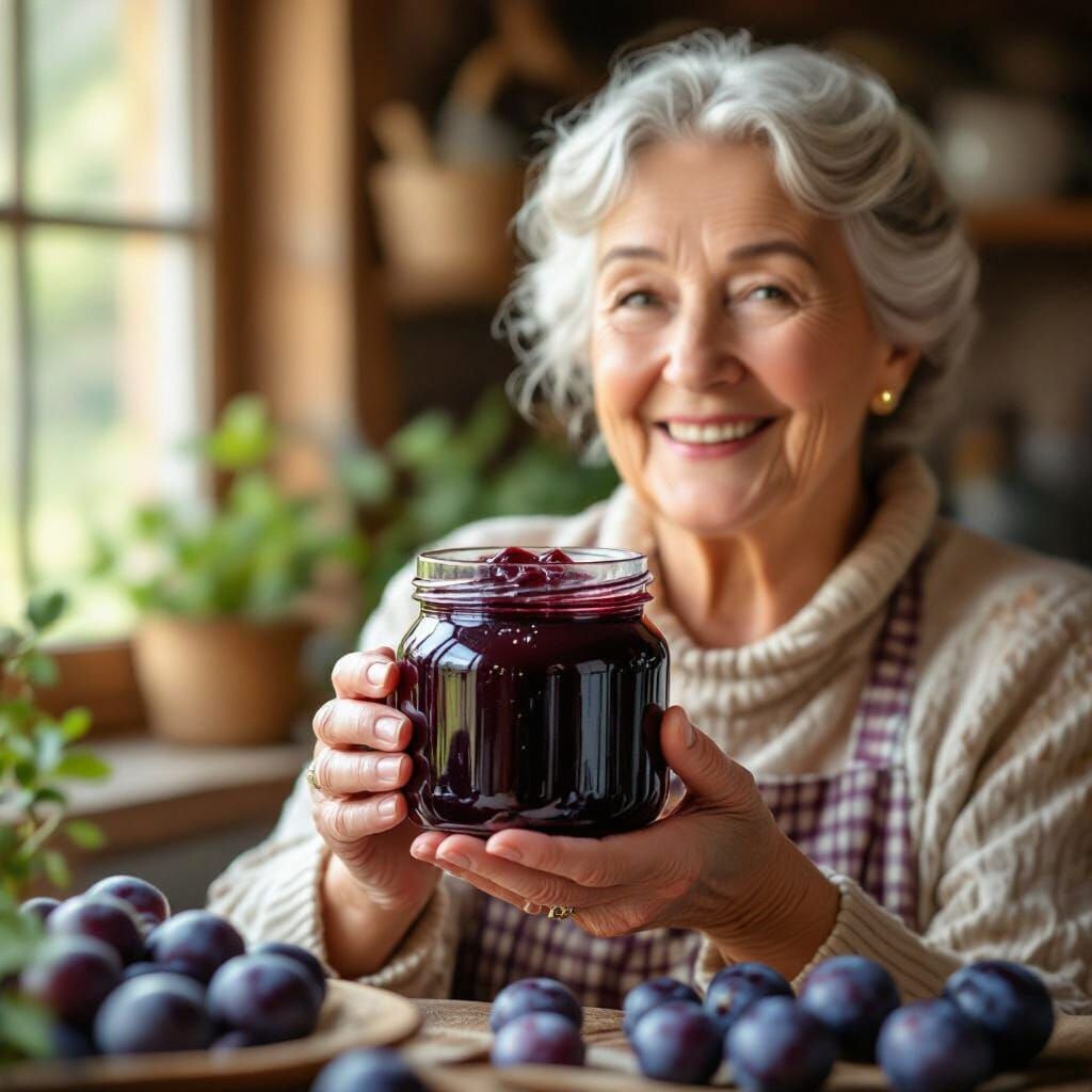 Grandmother Promotes Homemade Plum Jam as Photorealistic Pho...
