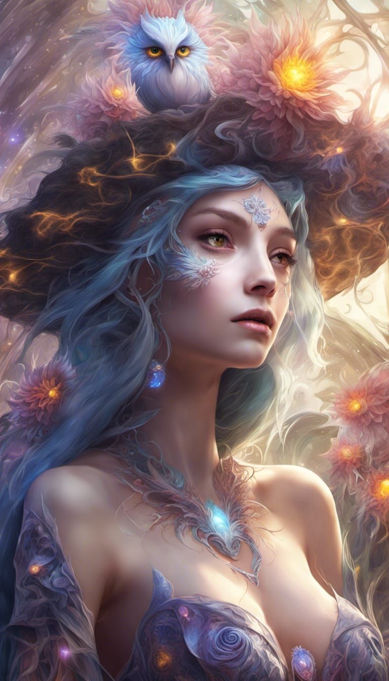 Elf Witch with Owl Familiar in Fractal Garden