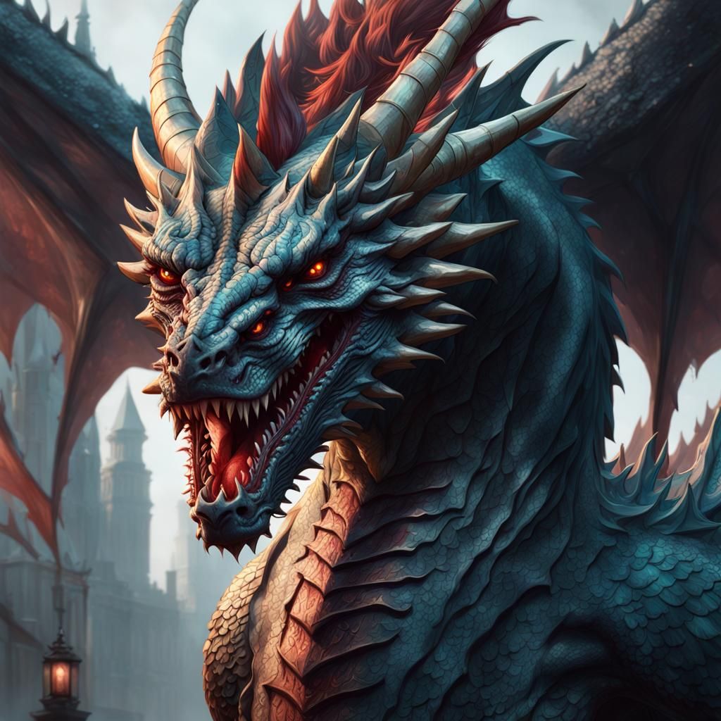 Creepy Bloody Dragon Portrait in Hyperdetailed Style