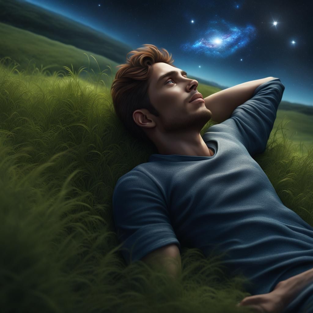 Young Man Star Gazing at Galaxy in Field