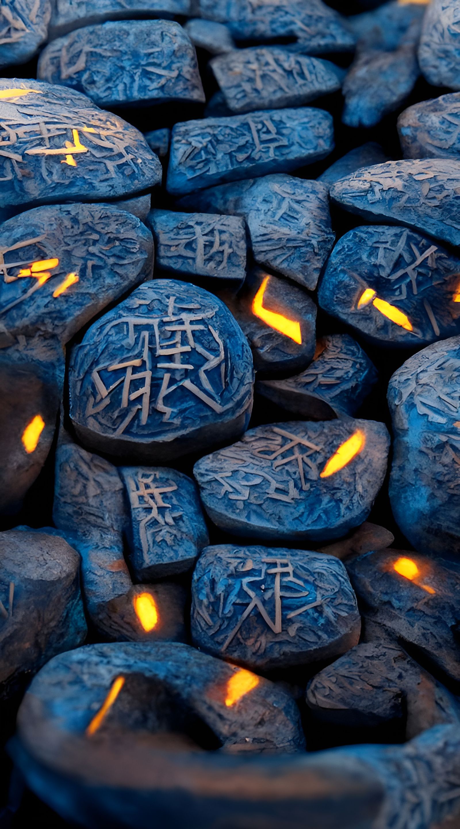 Glowing Blue Viking Runes on Black Stones
