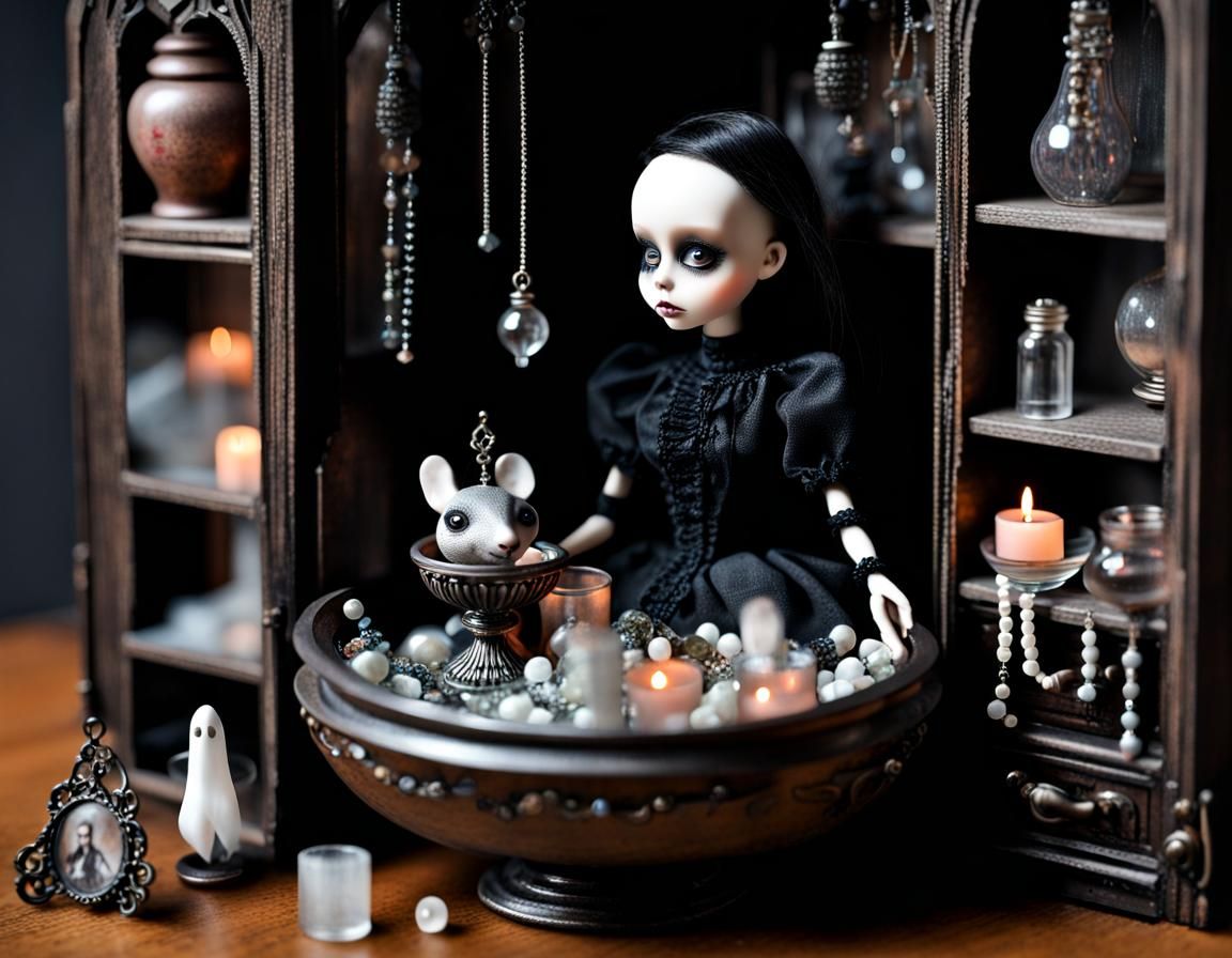 Gothic Dollhouse with Eerie Doll and Ghost