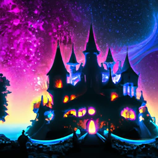Gothic Mansion Silhouette in Aurora Borealis Forest